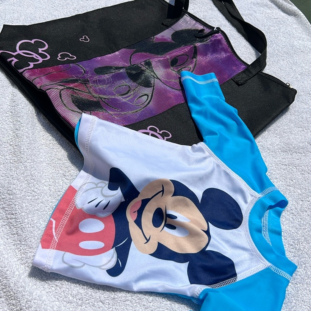 Disney Mickey Mouse Bundle: mesh front tote new with one blemish kids swim shirt
